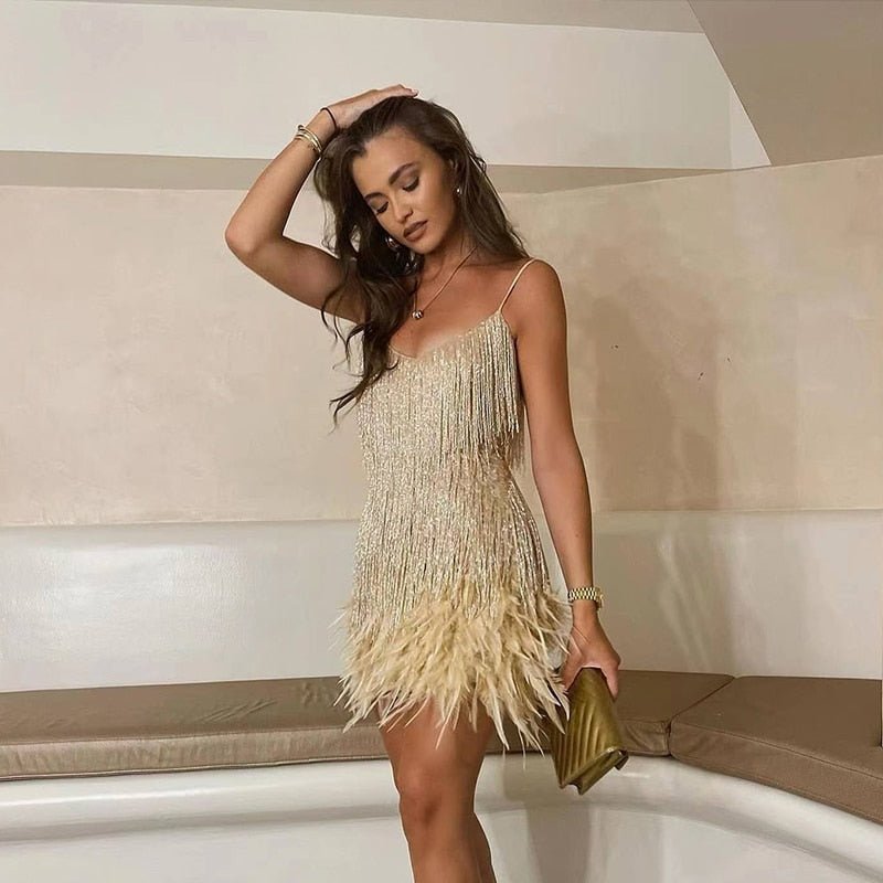 Sequin Party Dress With Feather Hem