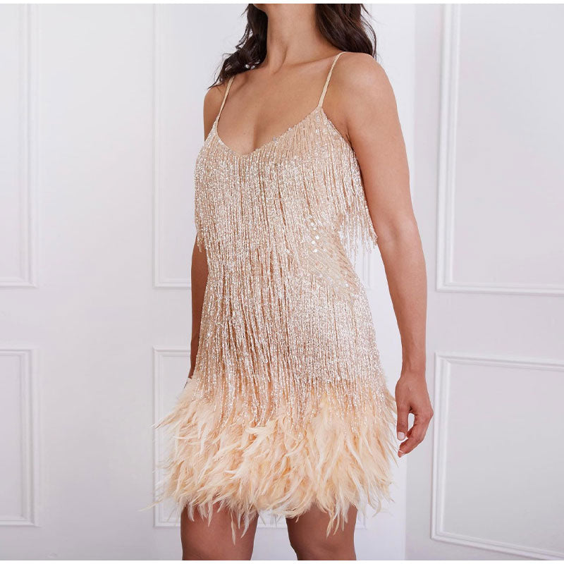 Sequin Party Dress With Feather Hem