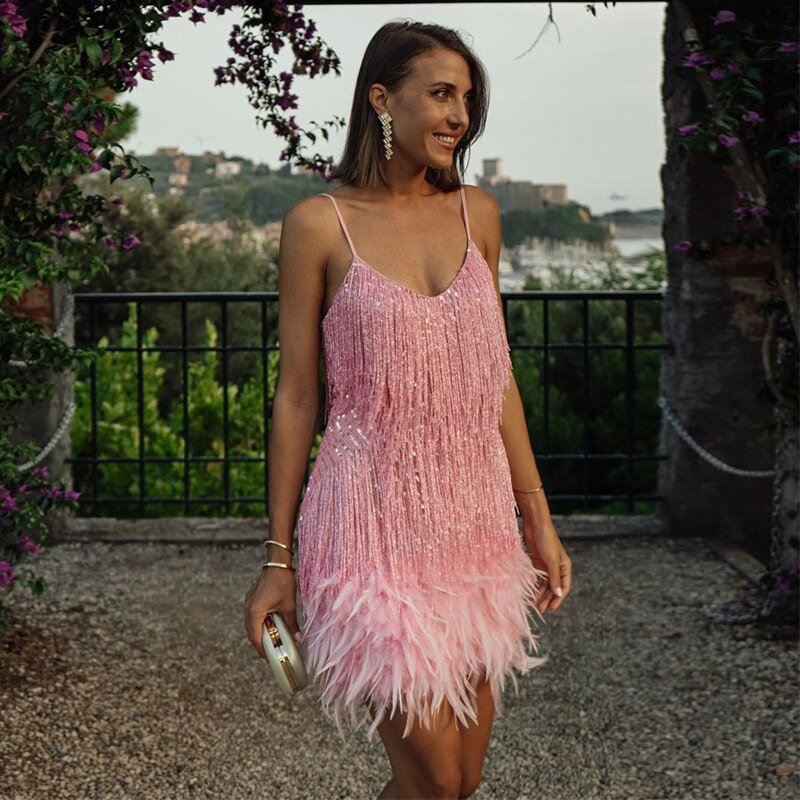 Sequin Party Dress With Feather Hem