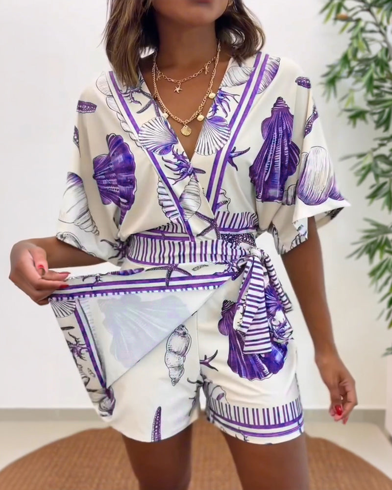 V-Neck Batwing Sleeve Wrap Knot Vacation Romper