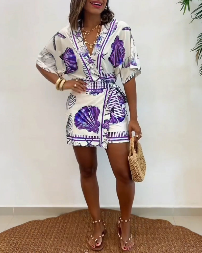 V-Neck Batwing Sleeve Wrap Knot Vacation Romper