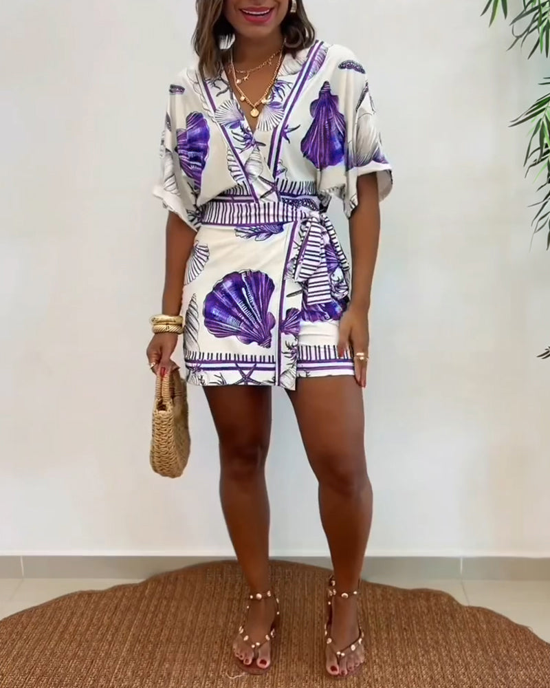 V-Neck Batwing Sleeve Wrap Knot Vacation Romper