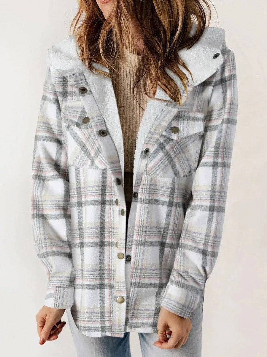 Sherpa Trim Hooded Plaid Jacket