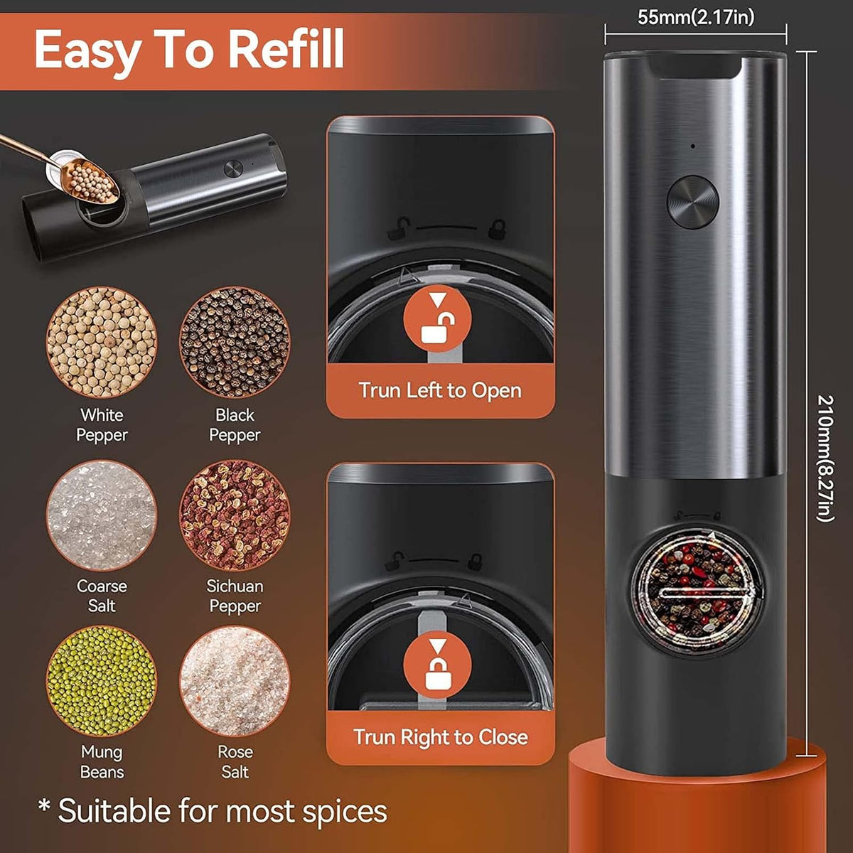 Rechargeable LED Salt and Pepper Grinder Set