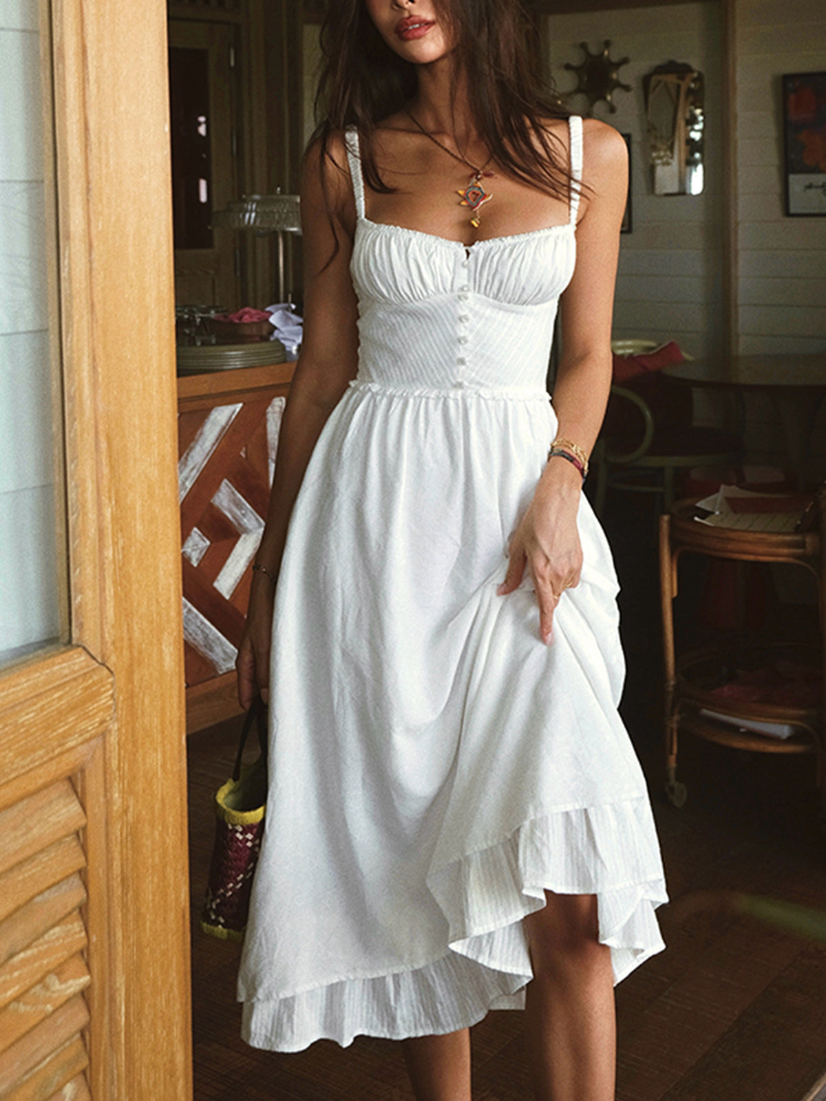 Sleeveless Ruffle Hem Cotton Blend Midi Cami Dress