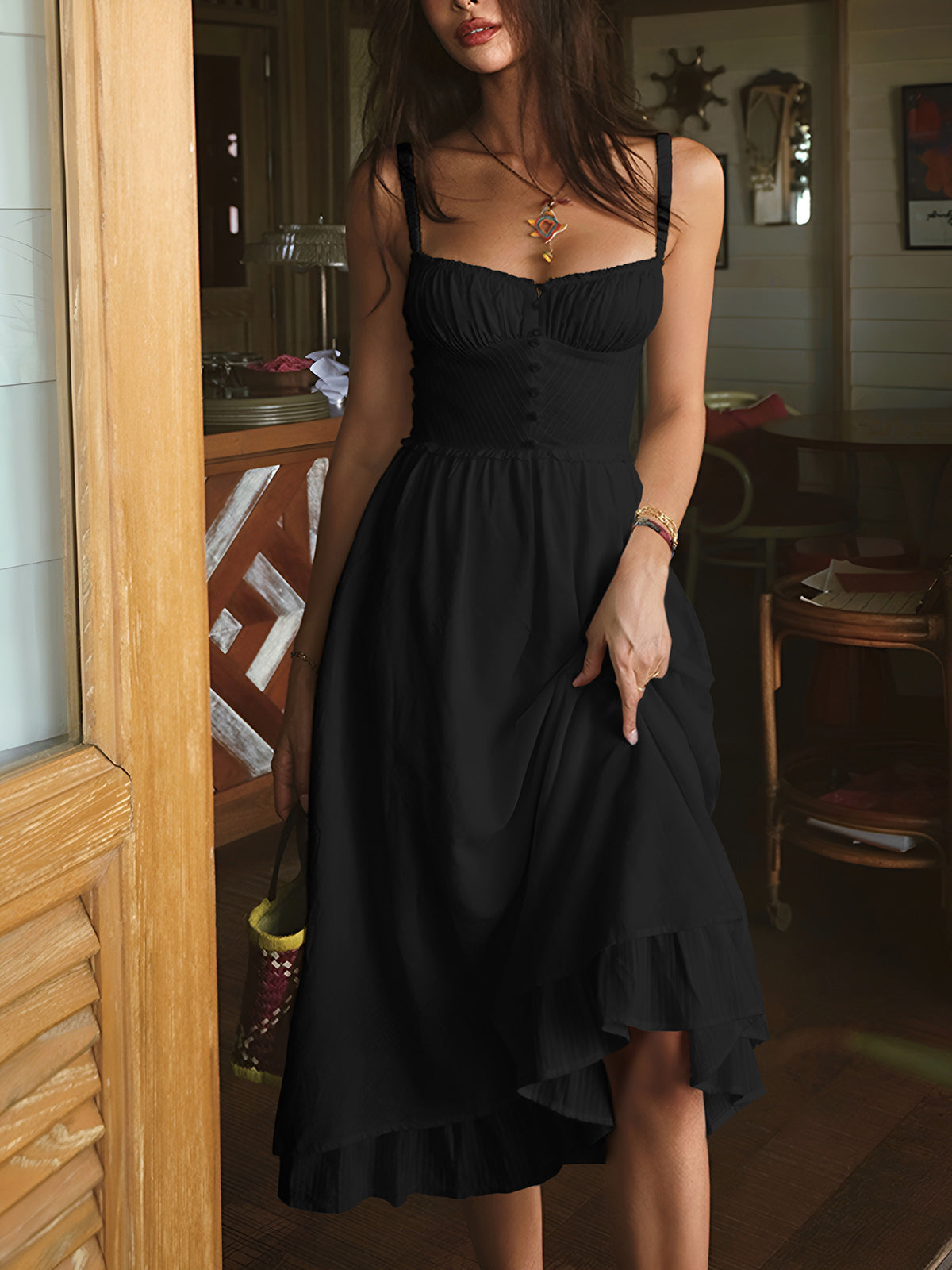 Sleeveless Ruffle Hem Cotton Blend Midi Cami Dress