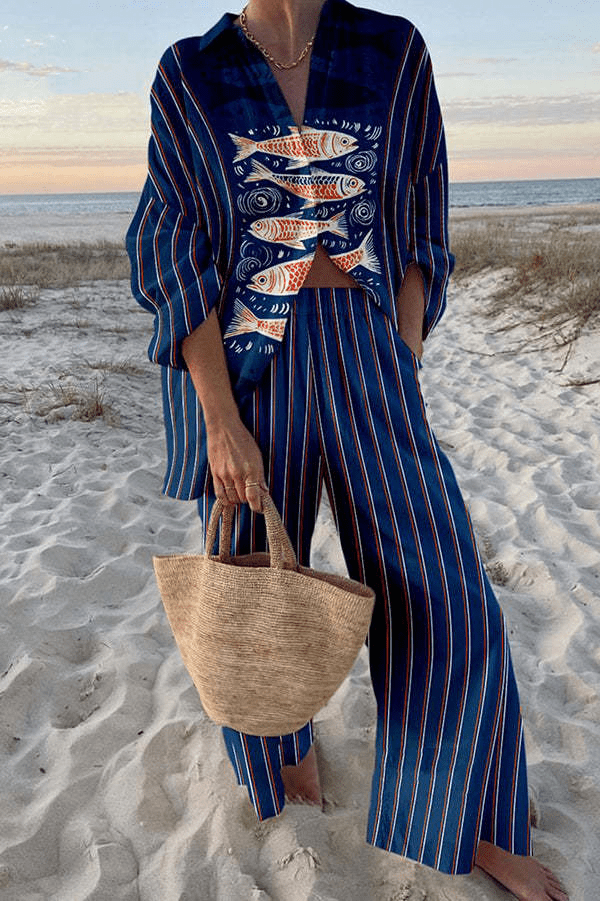 Striped Fish Print Top and Trousers Set