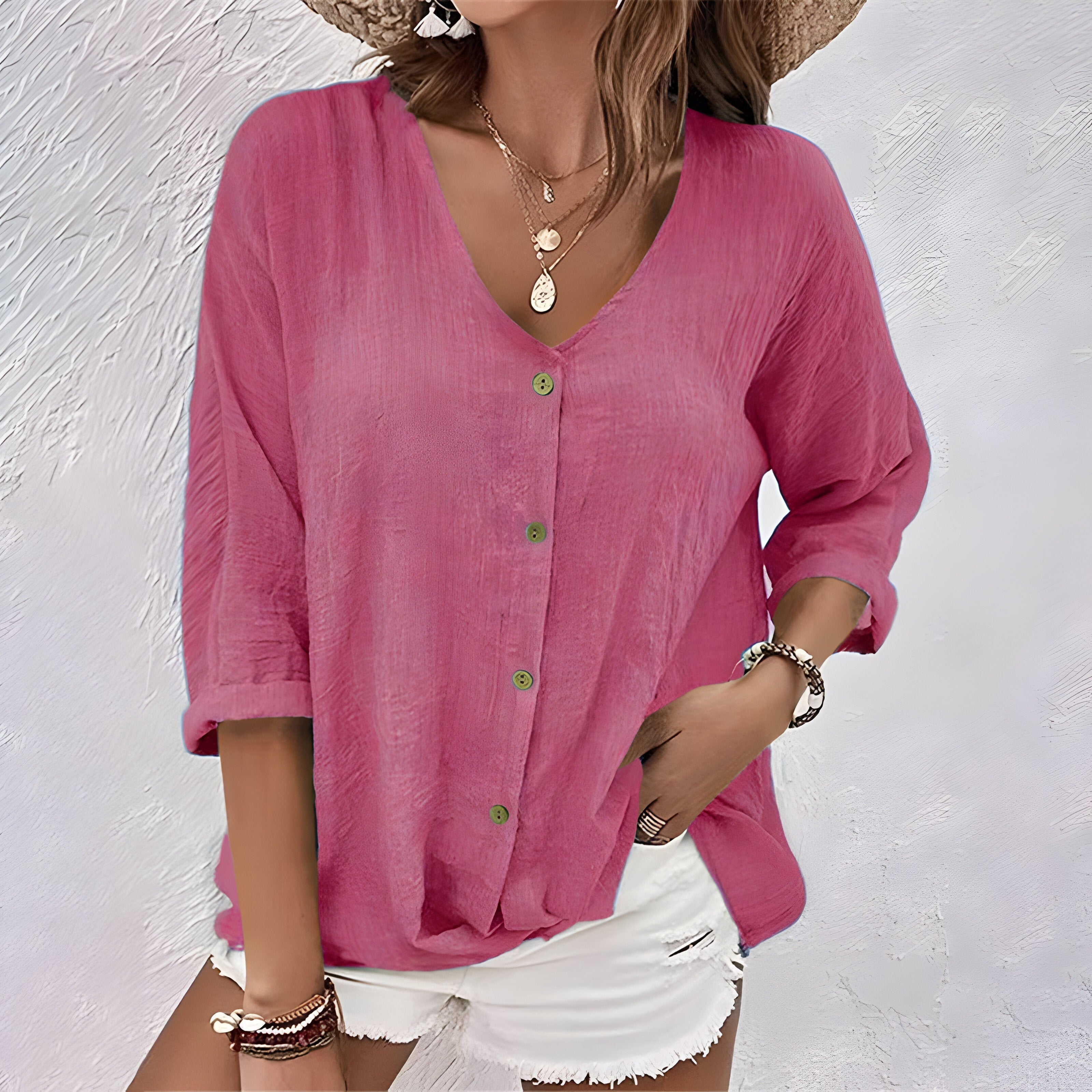Women's Relaxed V-Neck Roll Sleeve Button Blouse