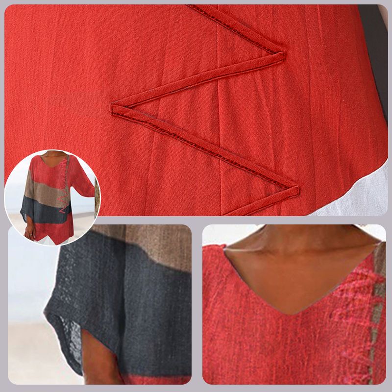 Printed Blouse for Women - V-Neck Long Sleeve Artistic Cotton Top