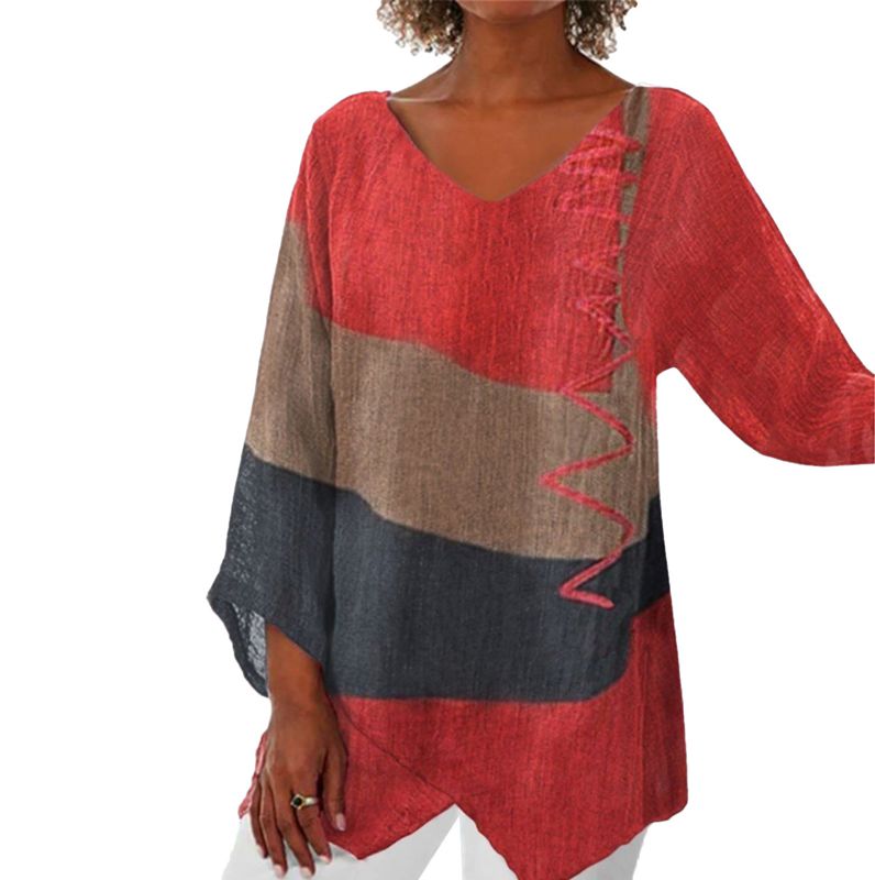 Printed Blouse for Women - V-Neck Long Sleeve Artistic Cotton Top