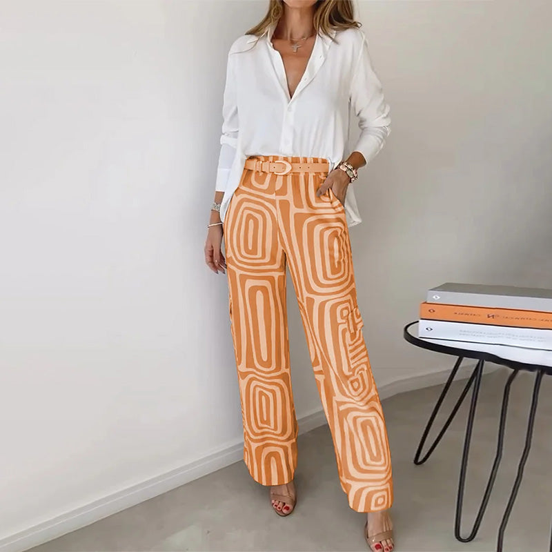 Elegant Flowing Top And Patterned Trouser Set
