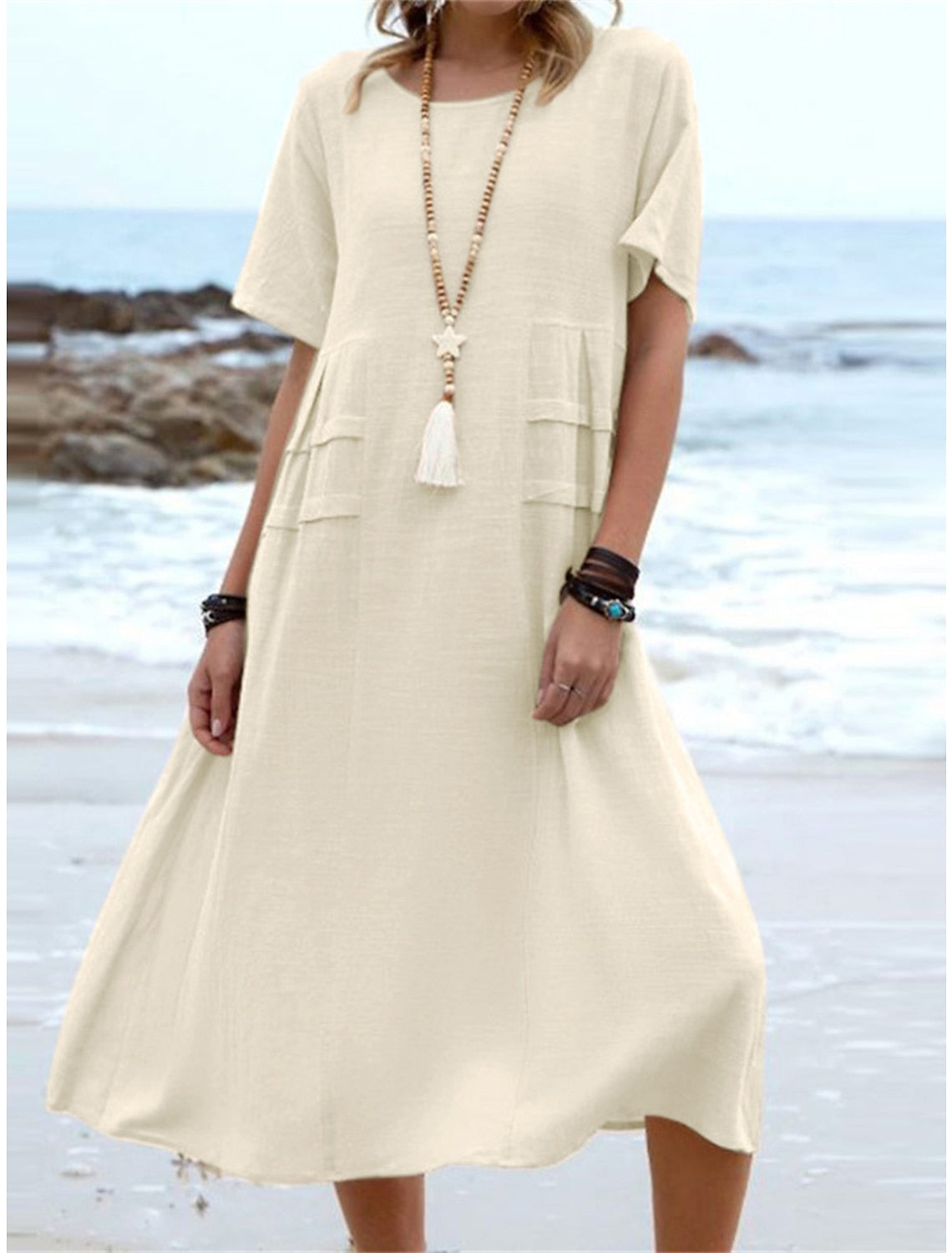 Cotton Linen Midi Dress for Women - Round Neck A-Line Casual Summer Dress