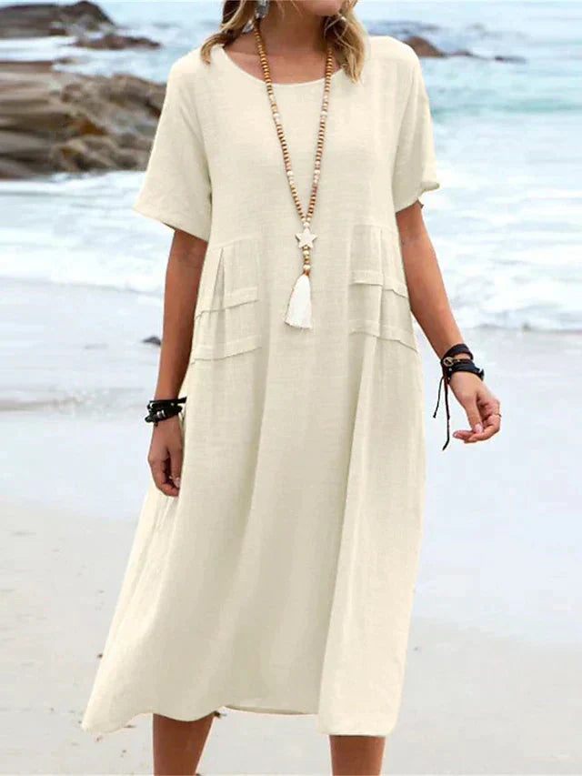 Cotton Linen Midi Dress for Women - Round Neck A-Line Casual Summer Dress