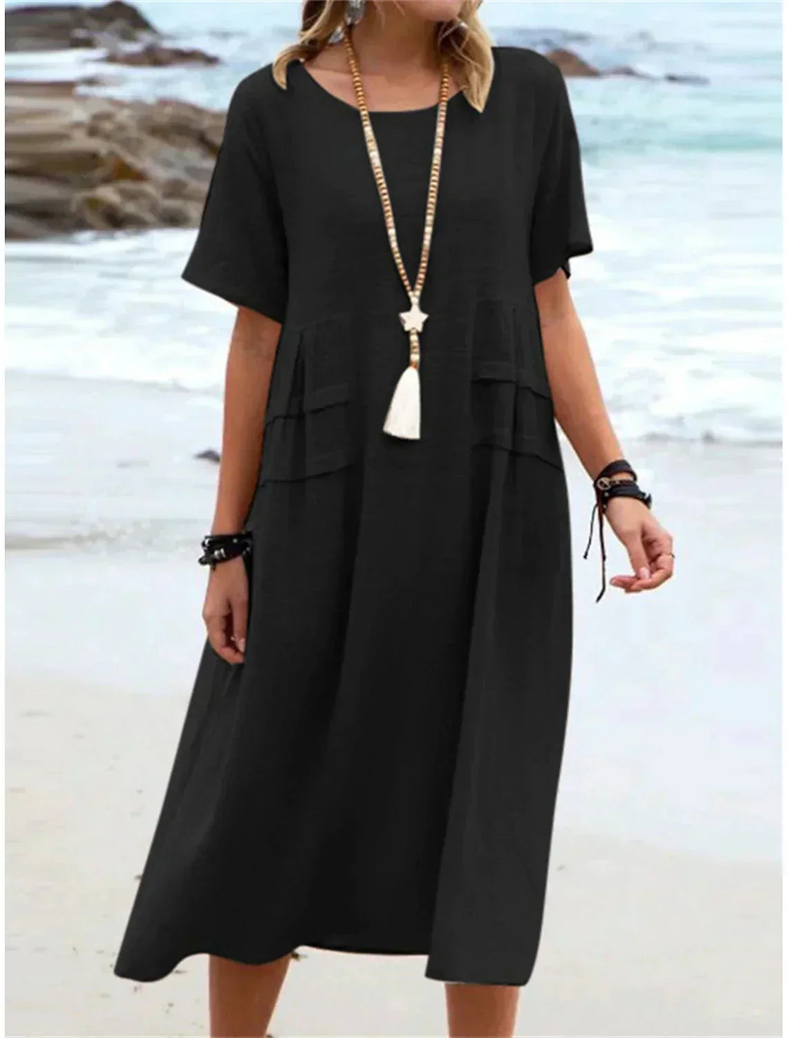 Cotton Linen Midi Dress for Women - Round Neck A-Line Casual Summer Dress