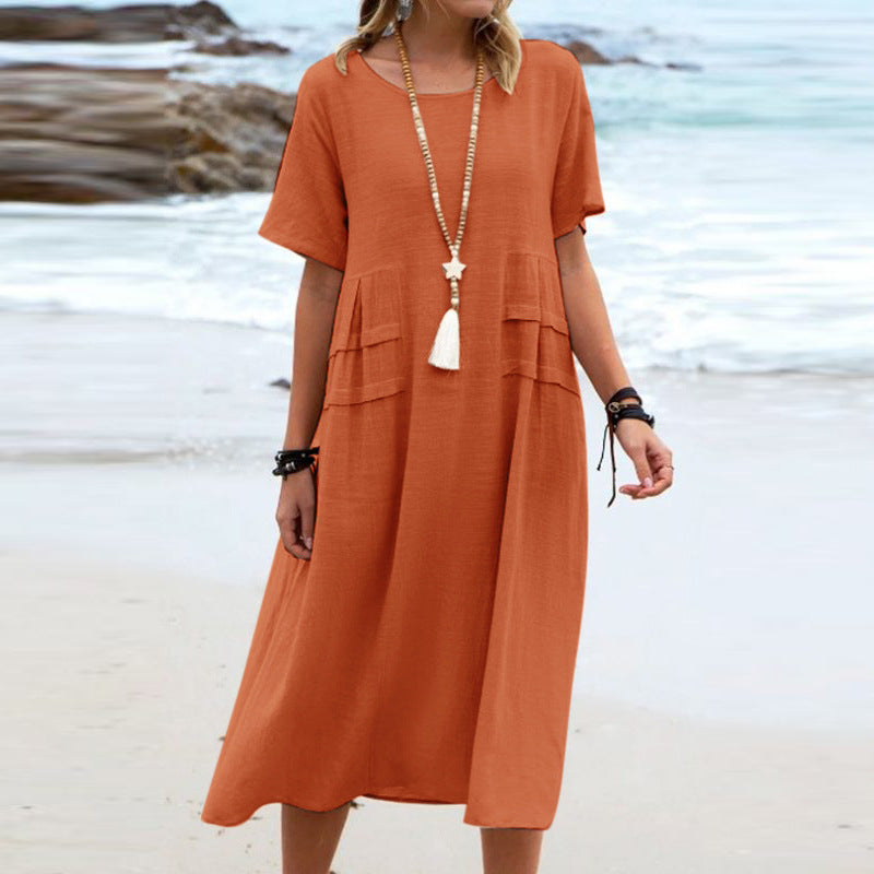 Cotton Linen Midi Dress for Women - Round Neck A-Line Casual Summer Dress