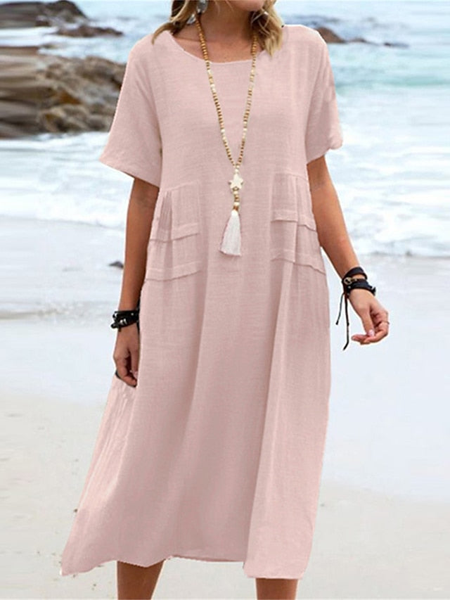 Cotton Linen Midi Dress for Women - Round Neck A-Line Casual Summer Dress