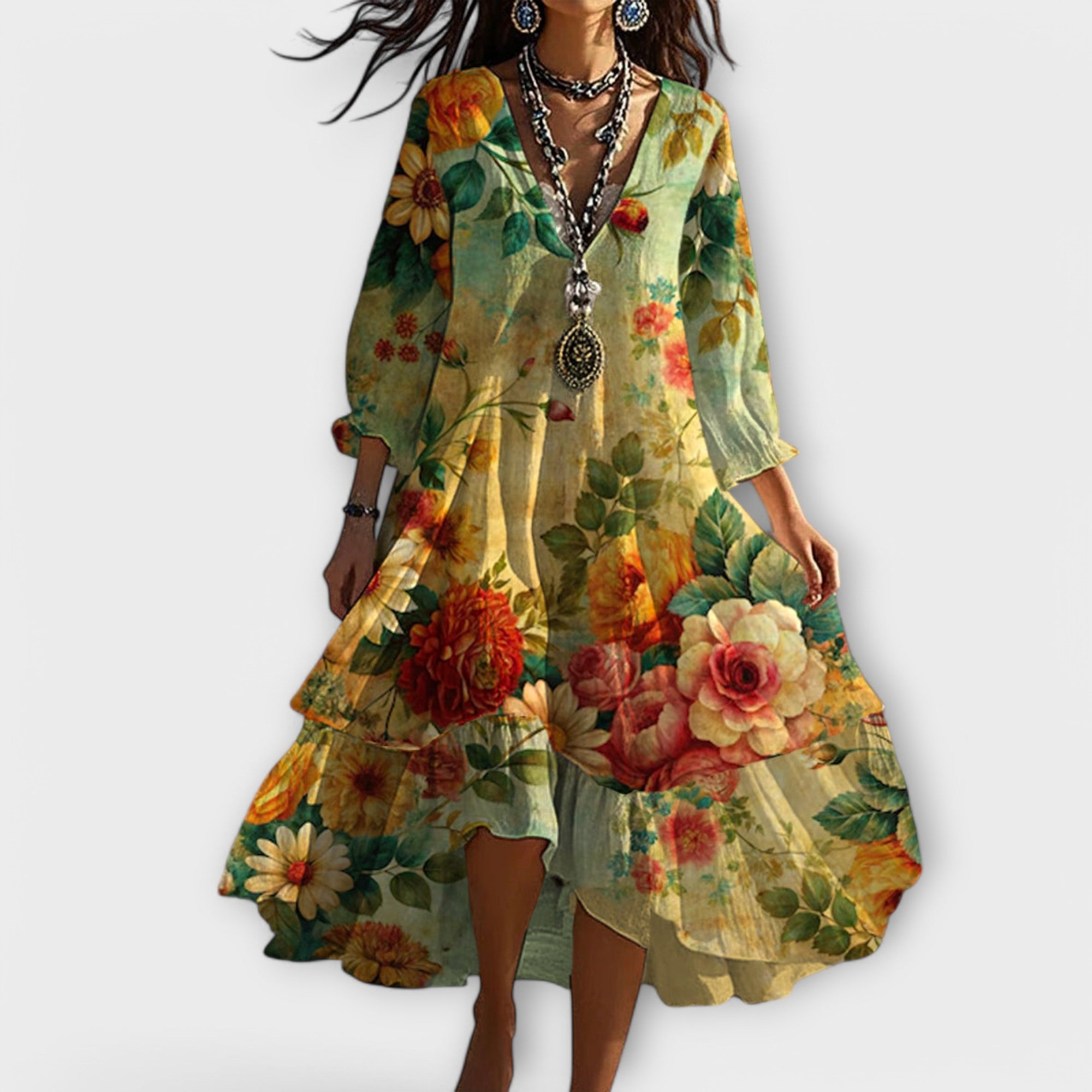 Floral Print Tiered Midi Dress V-Neck Three-Quarter Sleeve