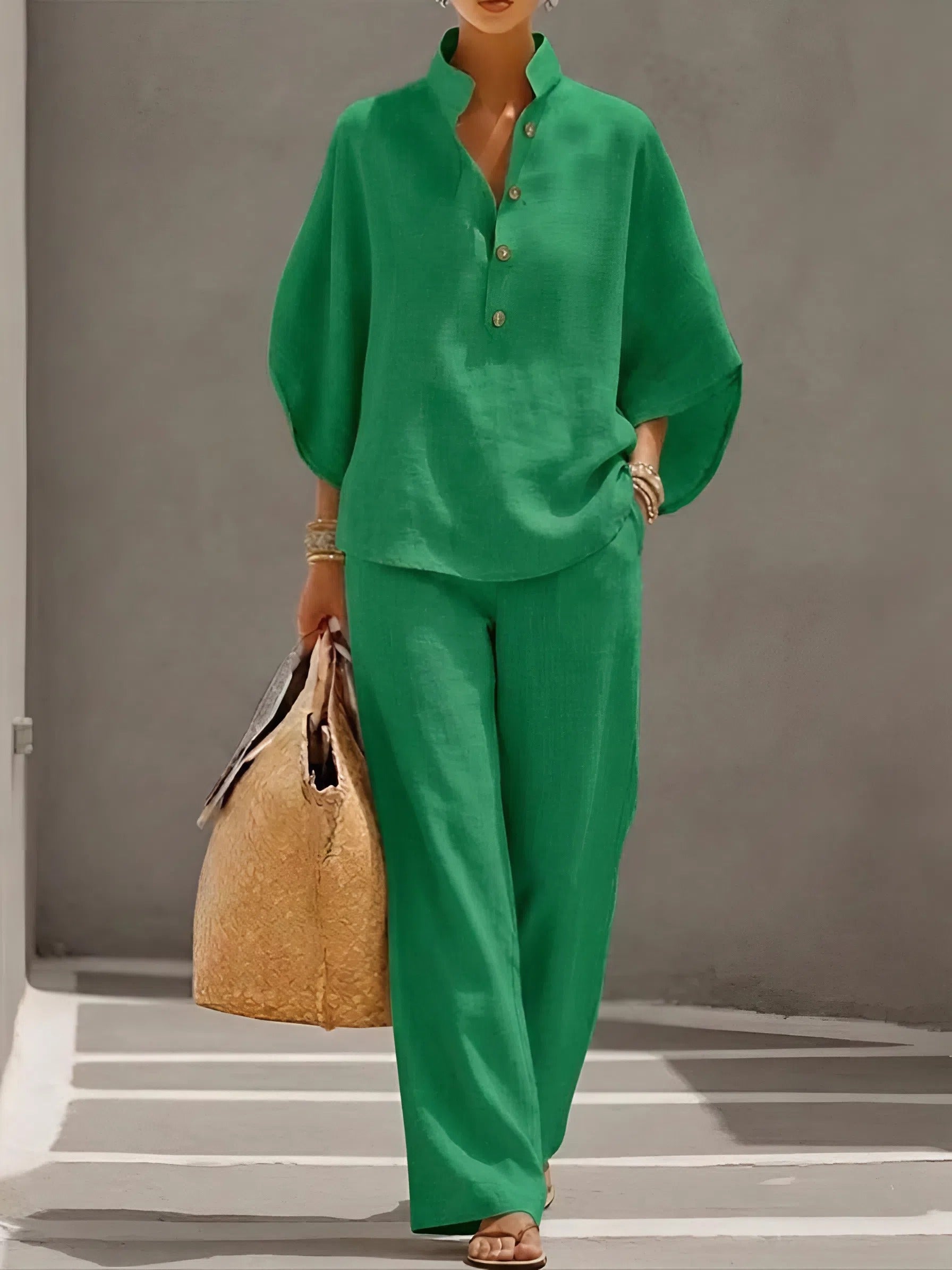 Mandarin Collar Wide-Leg Two-Piece Set