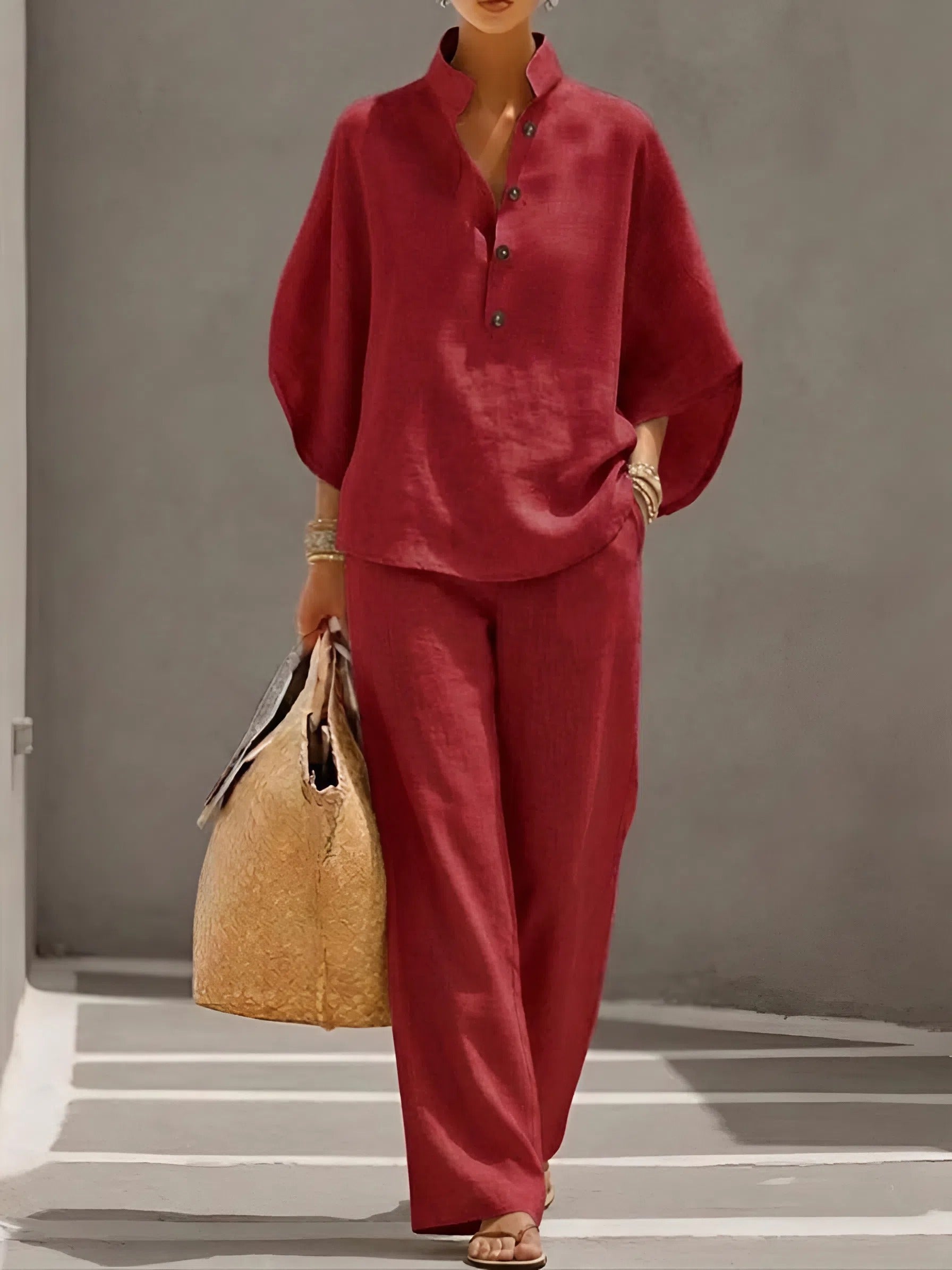 Mandarin Collar Wide-Leg Two-Piece Set