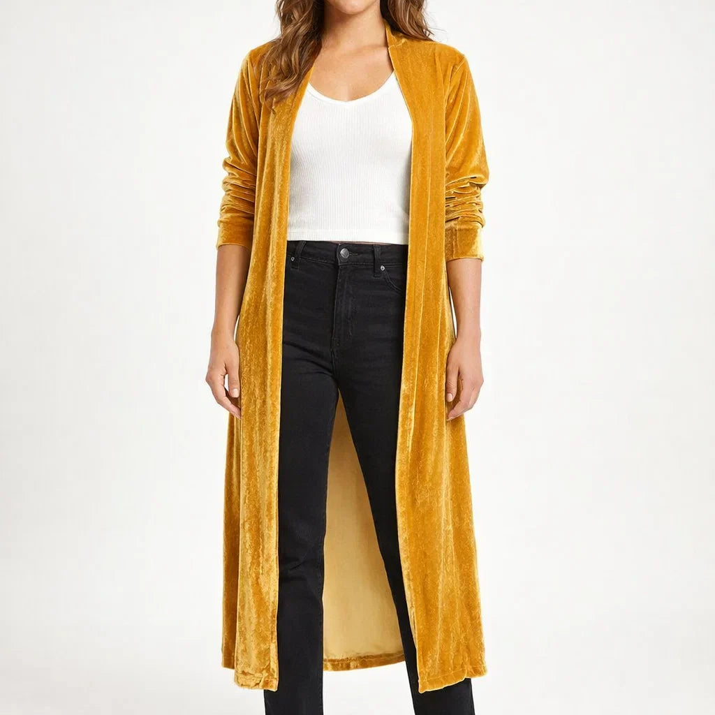 Velvet Longline Open-Front Cardigan
