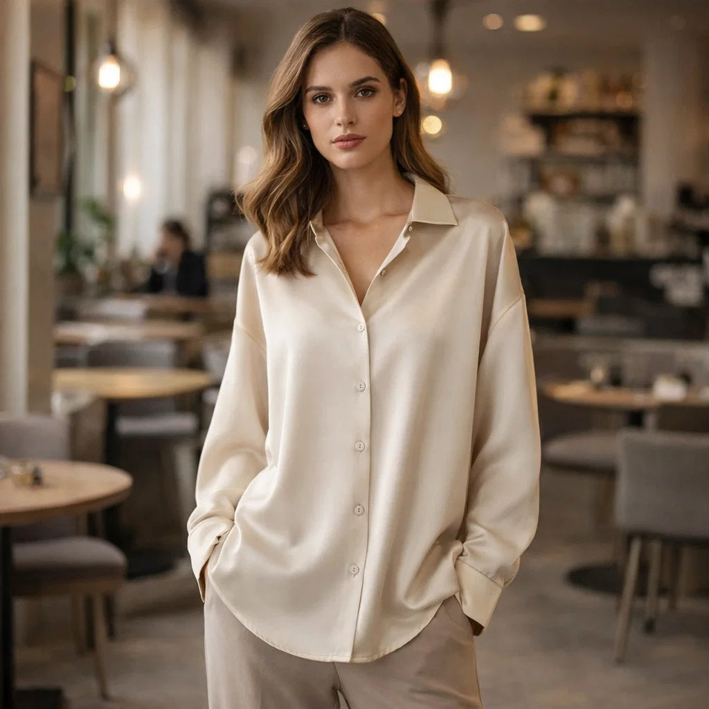 Silk Blouse for Women - White Long Sleeve Loose Elegant Office Top