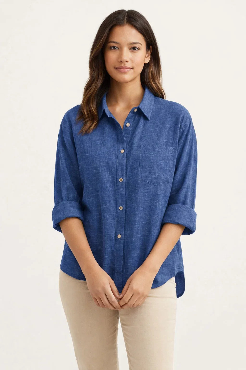 Collar Shirt for Women - Relaxed Fit Turned-Up Collar Casual Blouse
