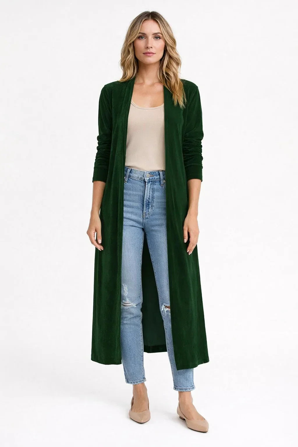 Velvet Longline Open-Front Cardigan