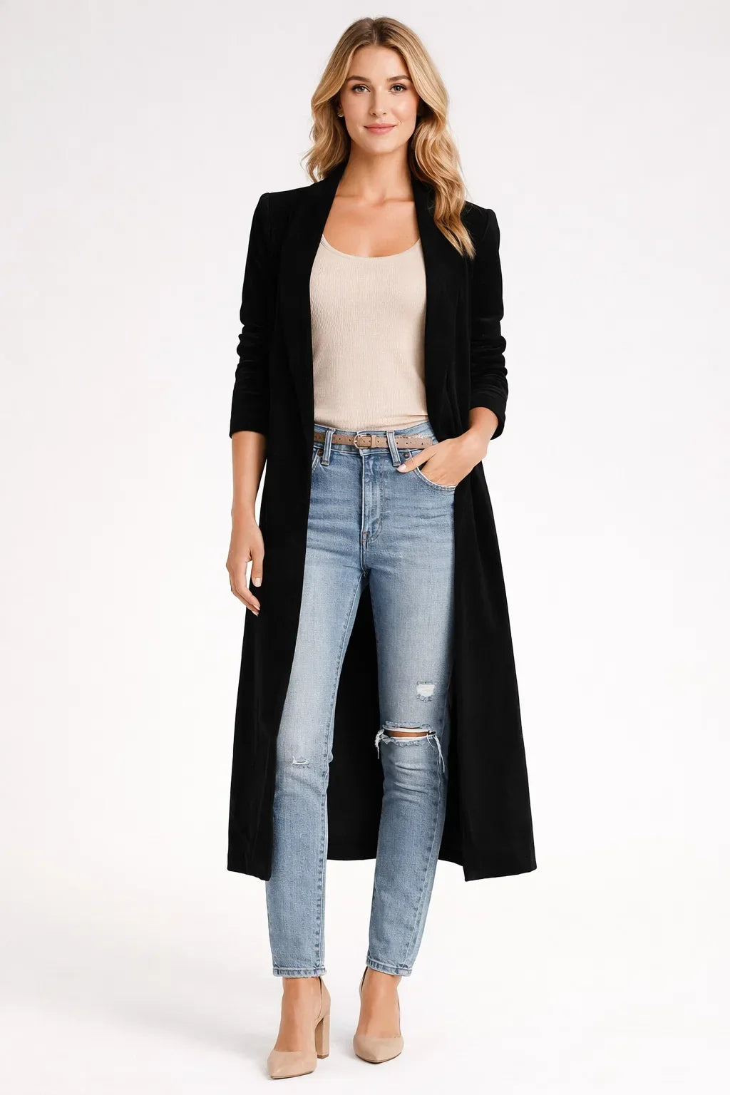 Velvet Longline Open-Front Cardigan