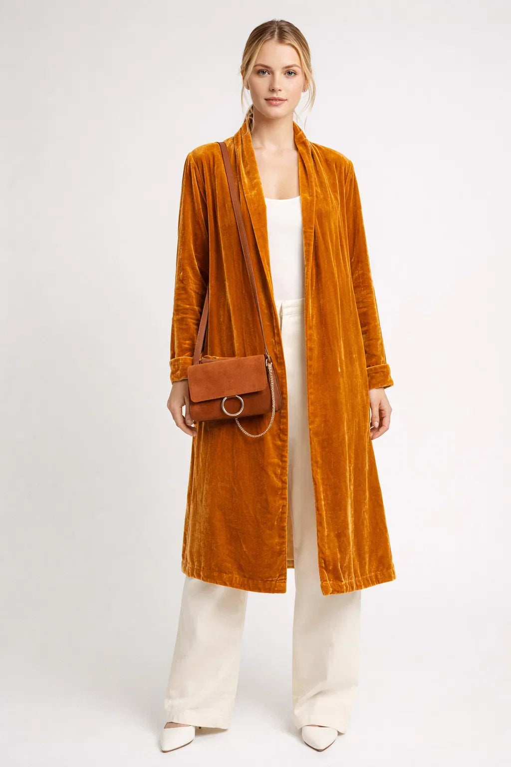 Velvet Longline Open-Front Cardigan