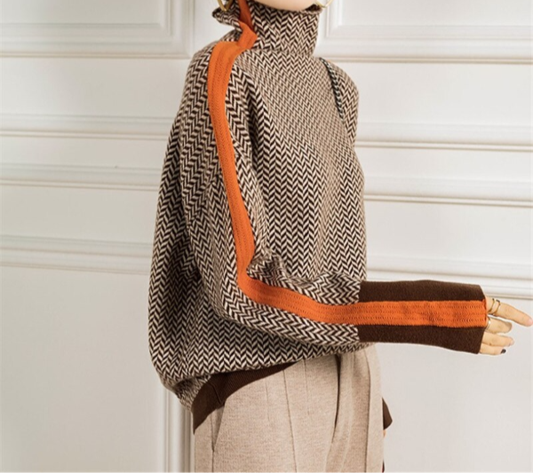 Herringbone Turtleneck Sweater with Contrast Trim