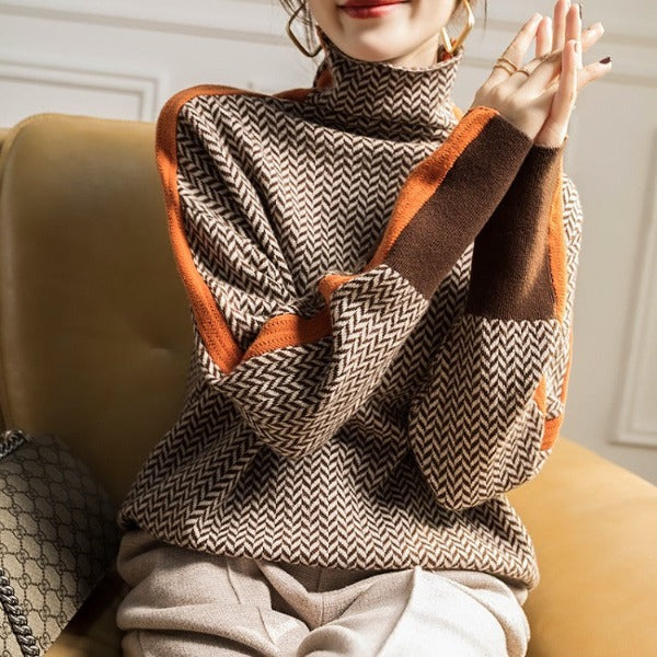 Herringbone Turtleneck Sweater with Contrast Trim