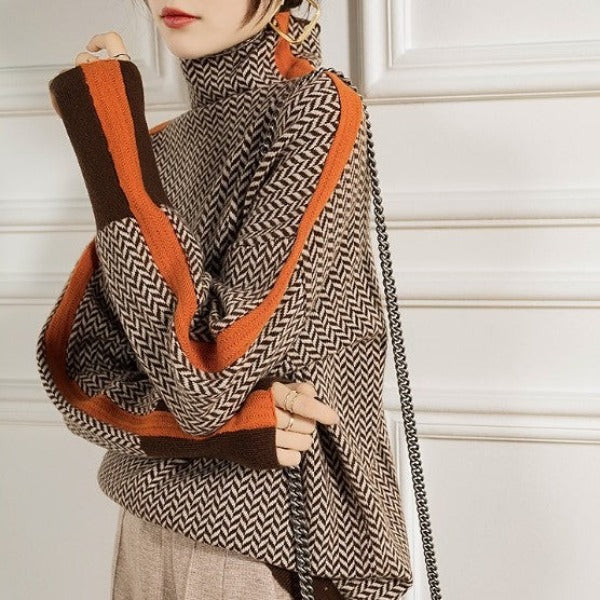 Herringbone Turtleneck Sweater with Contrast Trim