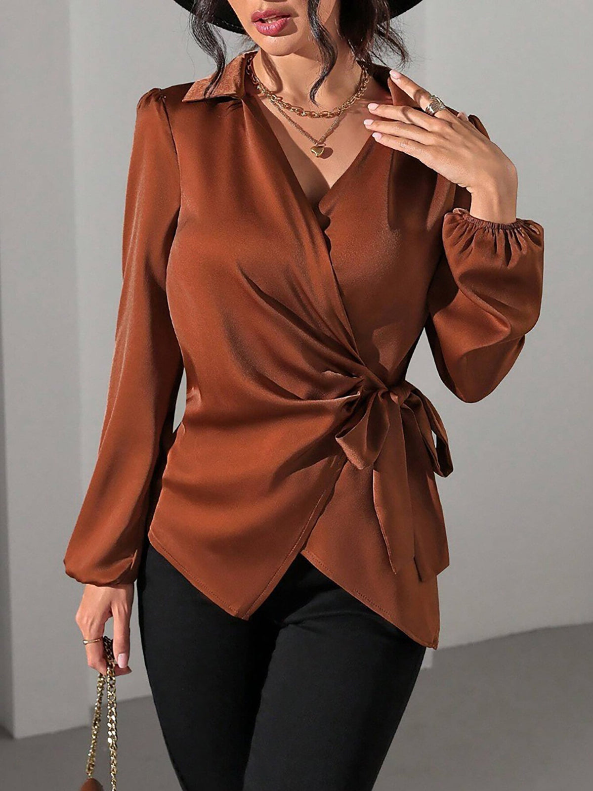 Satin Blouse with Adjustable Wrap Tie