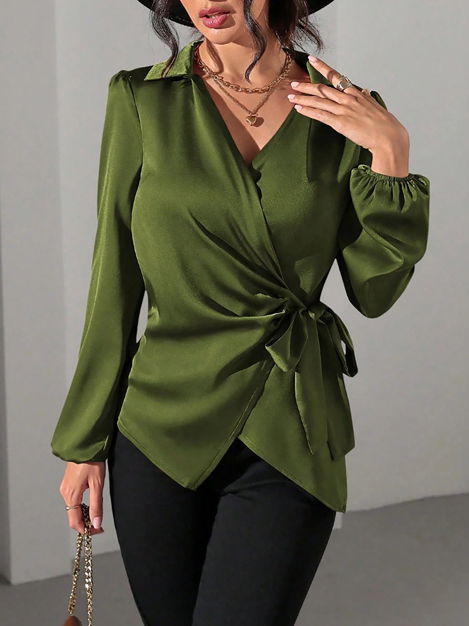 Satin Blouse with Adjustable Wrap Tie