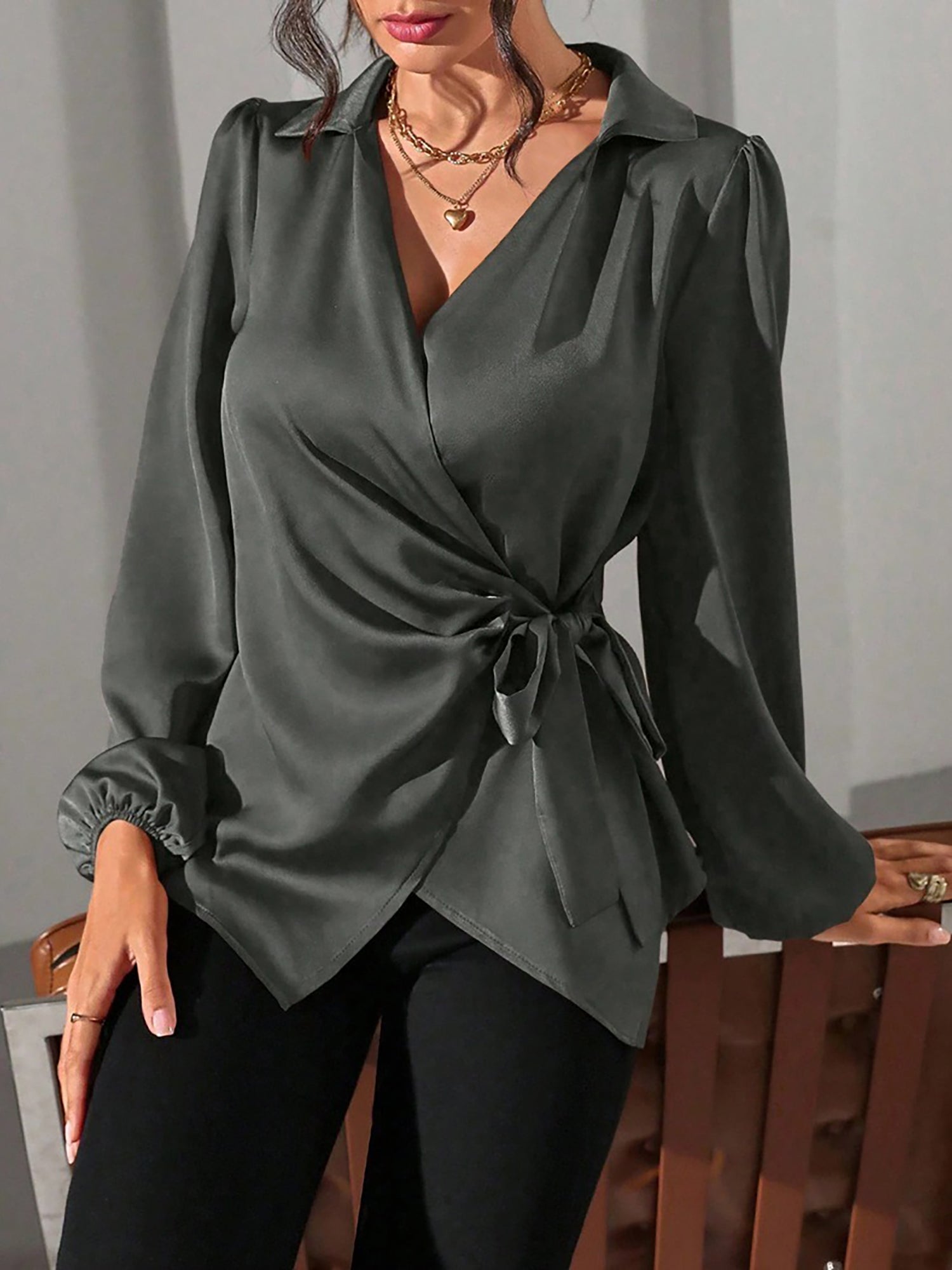 Satin Blouse with Adjustable Wrap Tie