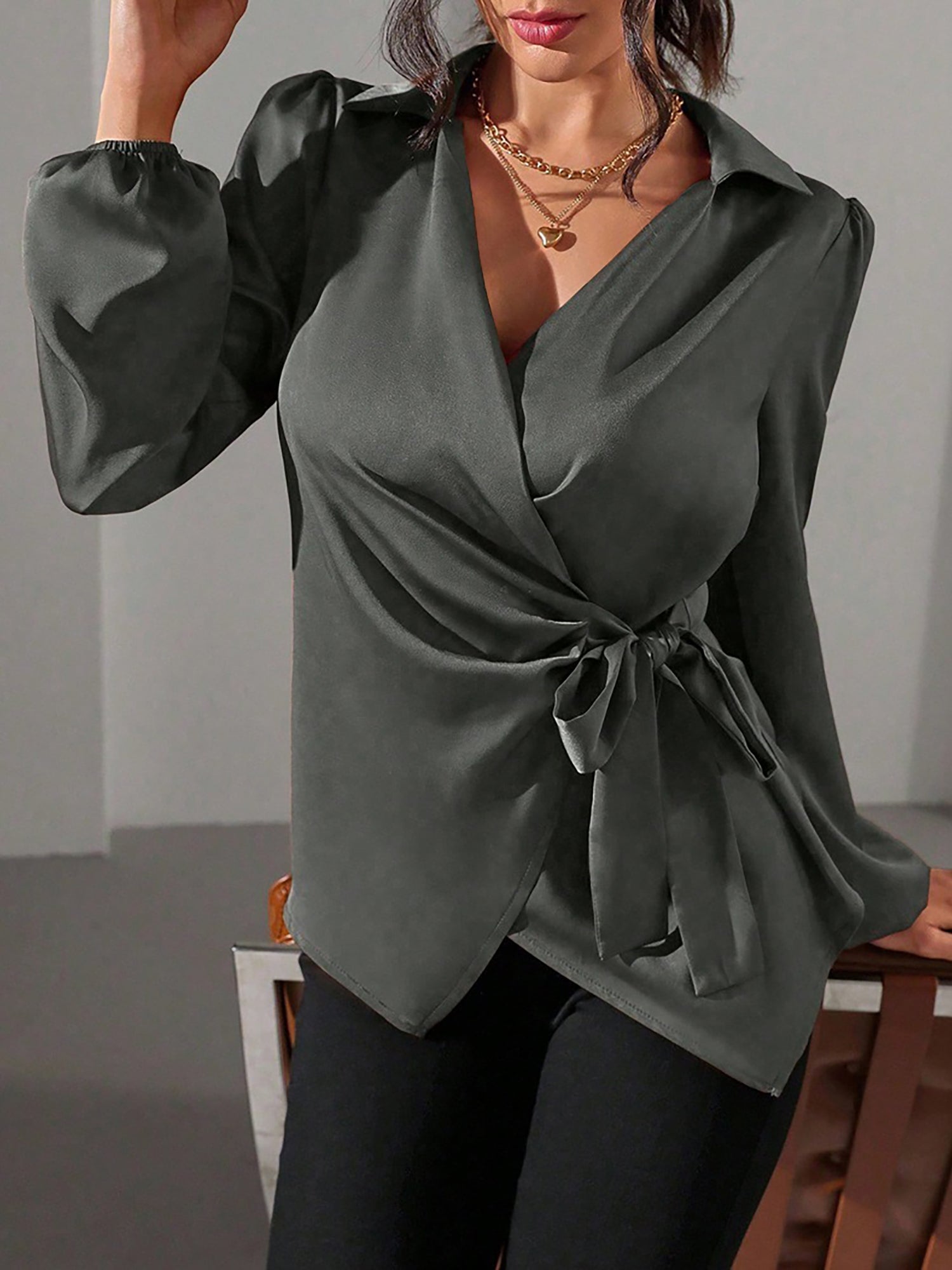 Satin Blouse with Adjustable Wrap Tie