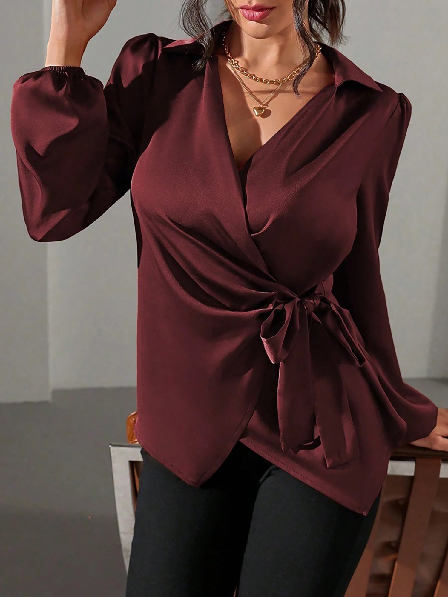 Satin Blouse with Adjustable Wrap Tie