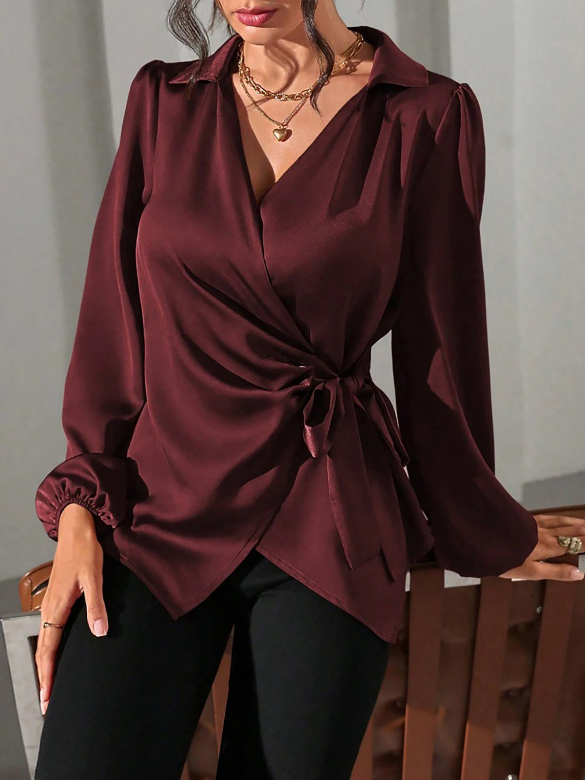 Satin Blouse with Adjustable Wrap Tie