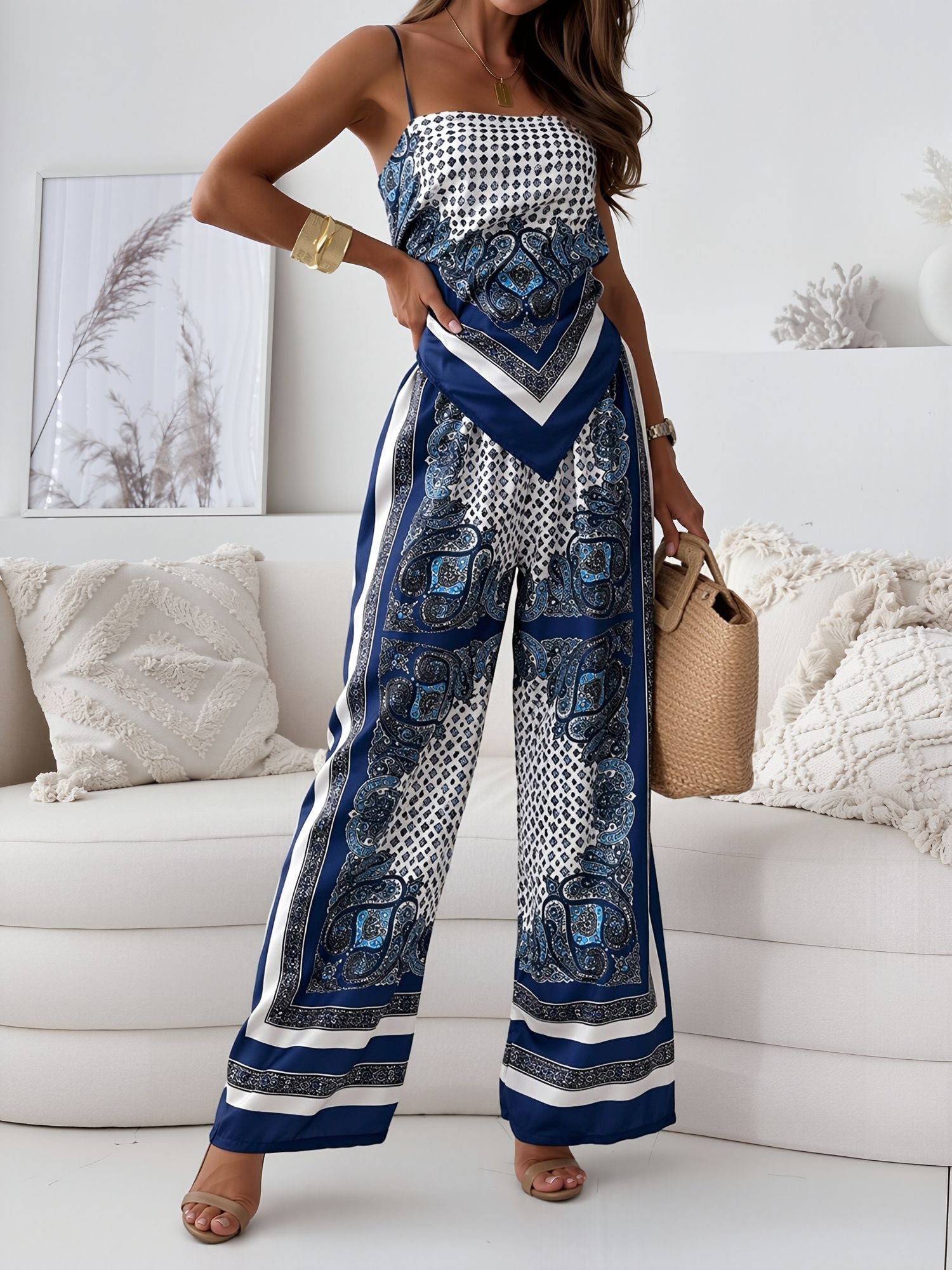 Women's Boho Backless Top and Wide-Leg Trousers Set