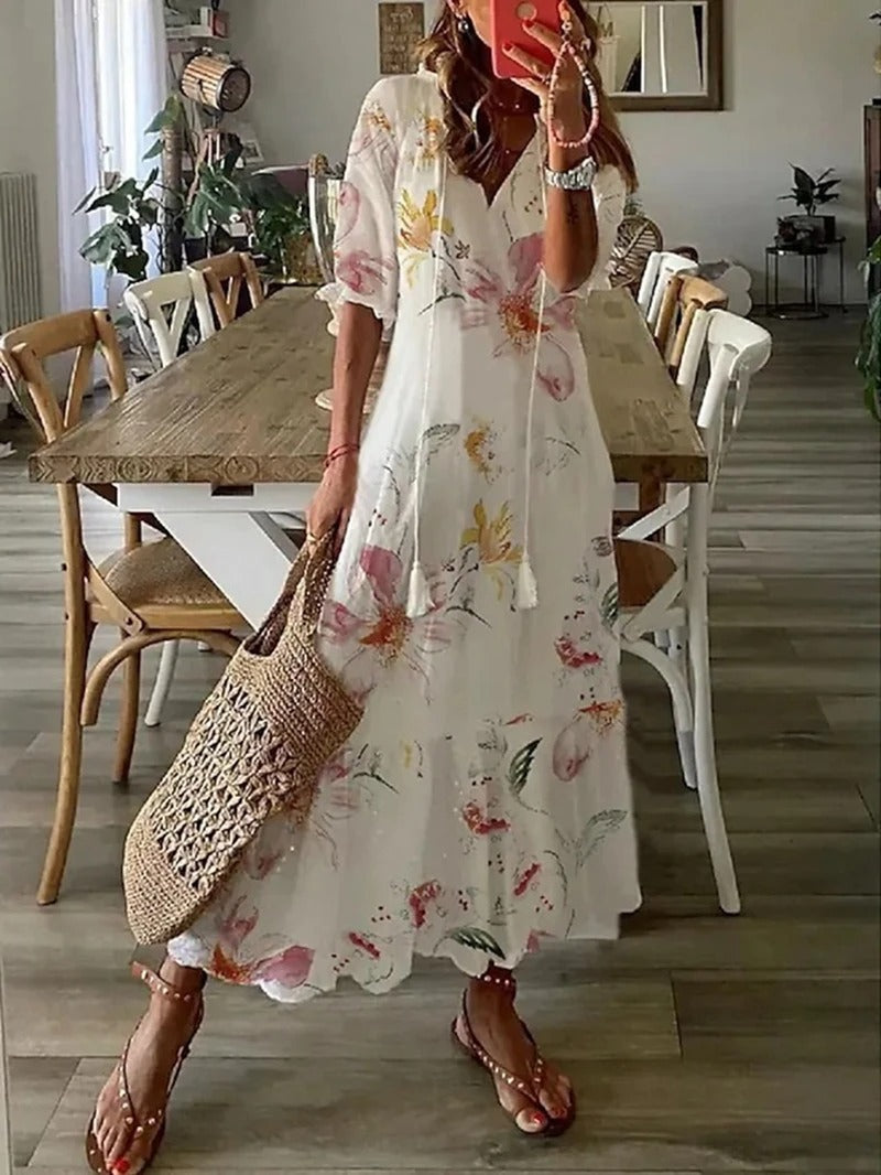 Boho Maxi Dress for Women - V-Neck Flowy Lightweight Summer Dress
