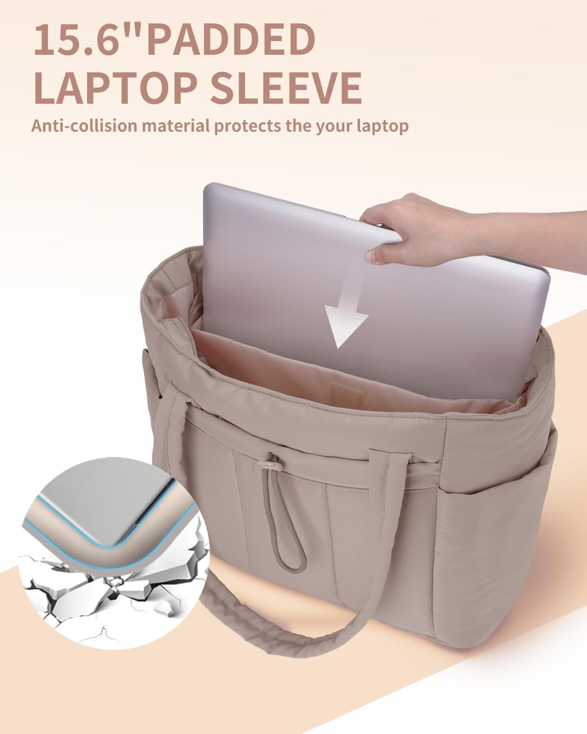 Quilted Puffer Tote Bag with Laptop Sleeve and Cup Holder