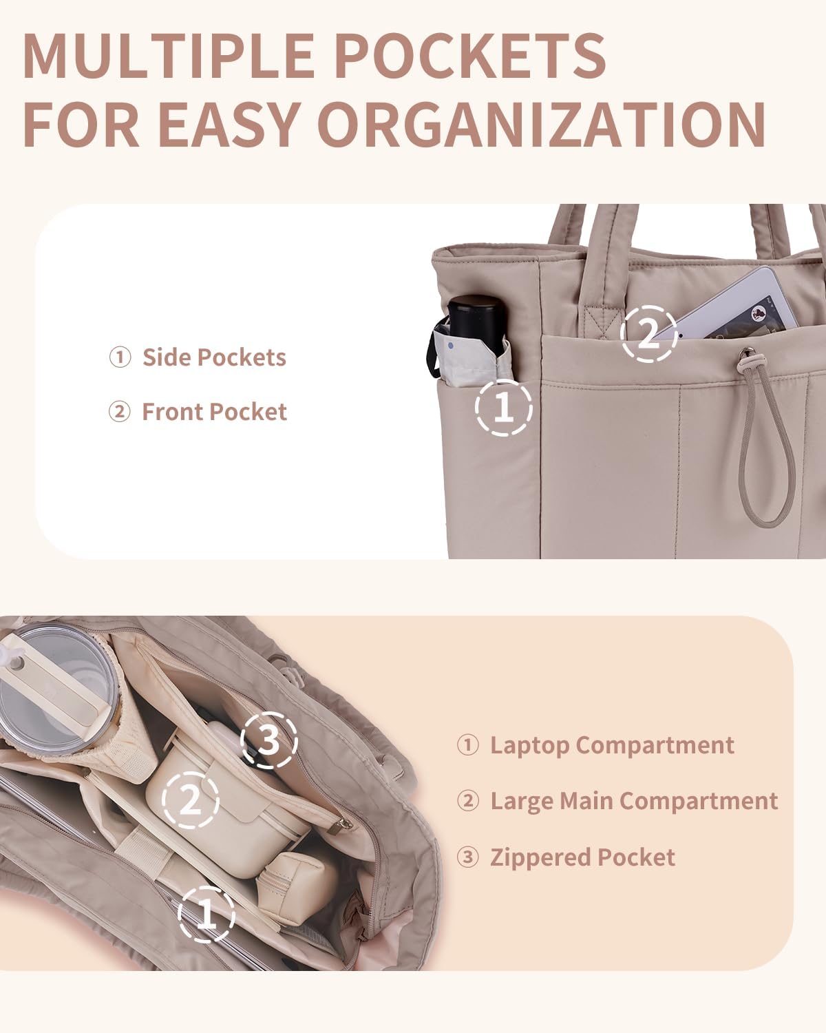 Quilted Puffer Tote Bag with Laptop Sleeve and Cup Holder