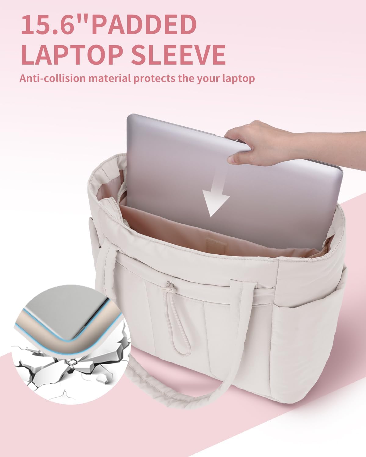 Quilted Puffer Tote Bag with Laptop Sleeve and Cup Holder