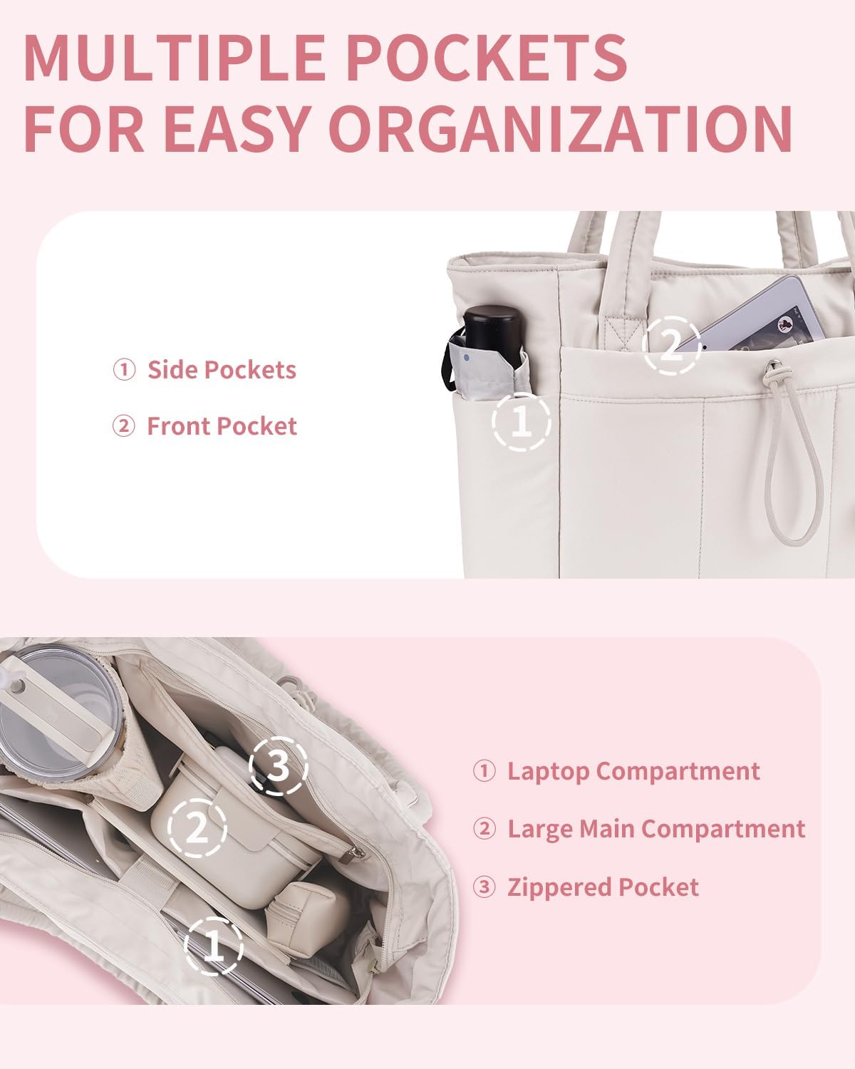 Quilted Puffer Tote Bag with Laptop Sleeve and Cup Holder
