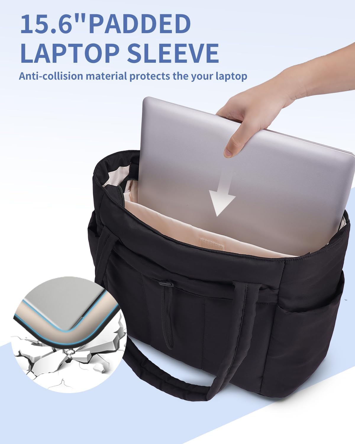 Quilted Puffer Tote Bag with Laptop Sleeve and Cup Holder