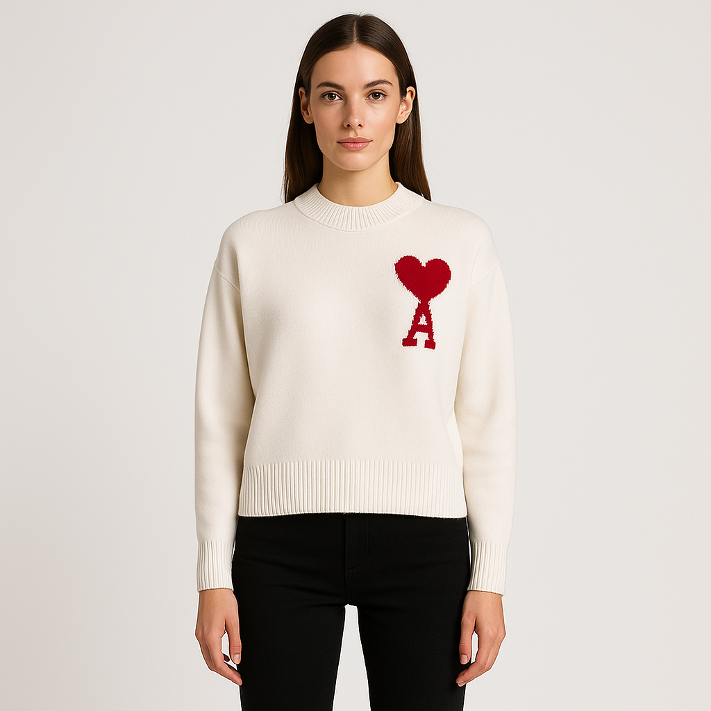 Heart Motif Oversized Crew Neck Sweater
