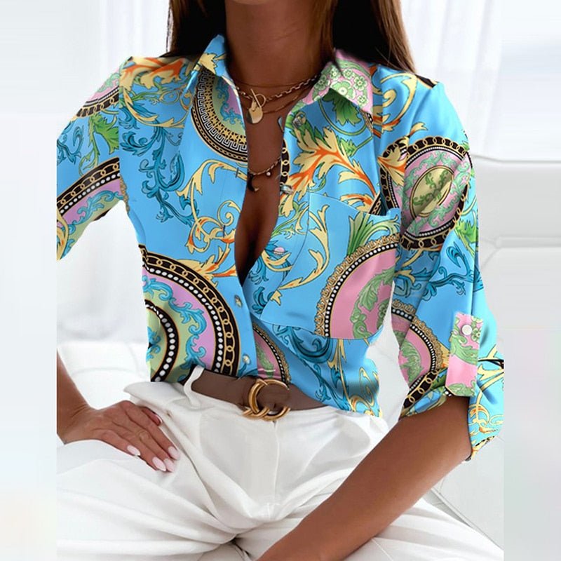 Women's Graphic Print Satin Blouse With Lapel Collar