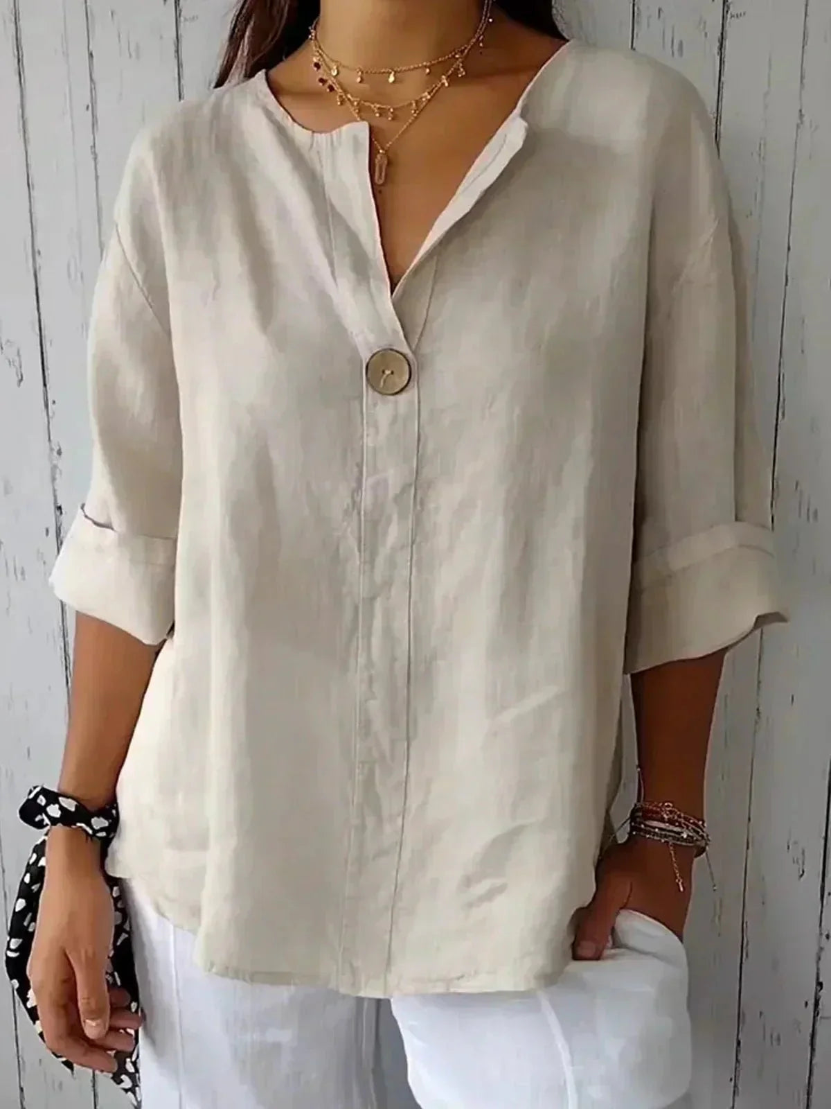Relaxed Fit V-Neck Linen Button-Down Blouse