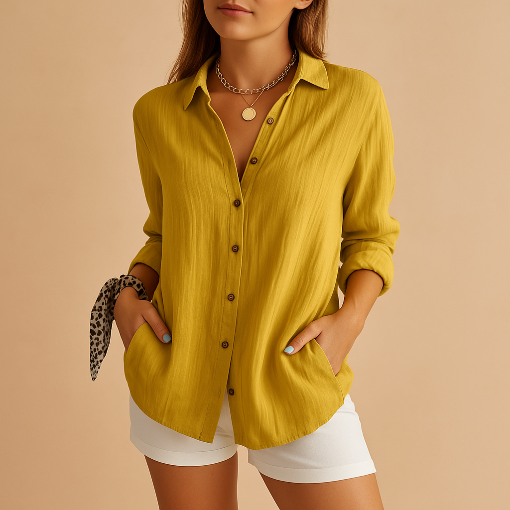 Long Sleeve Button-Down Blouse With Front Pockets