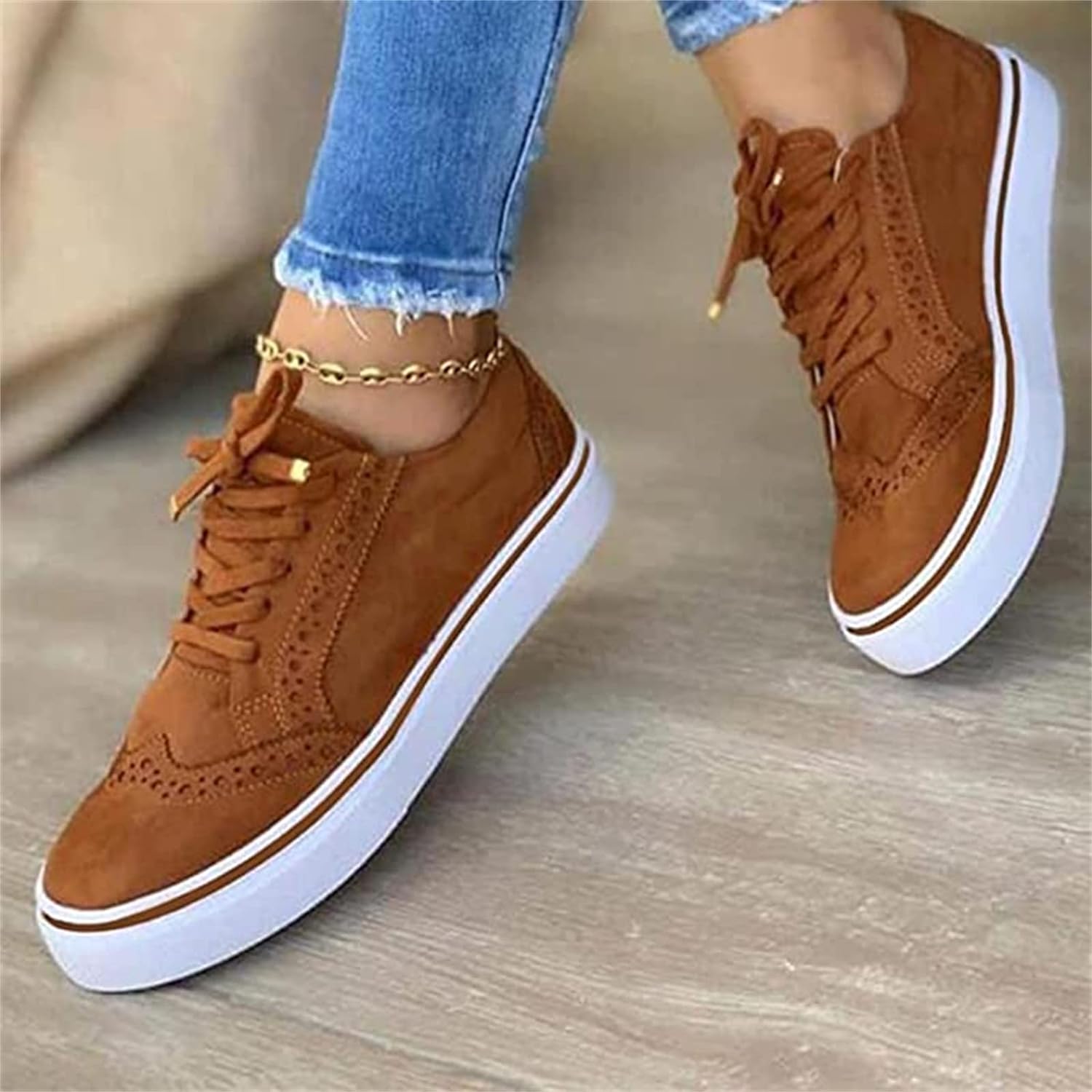 Platform Lace-Up Walking Sneakers With Perforated Detail